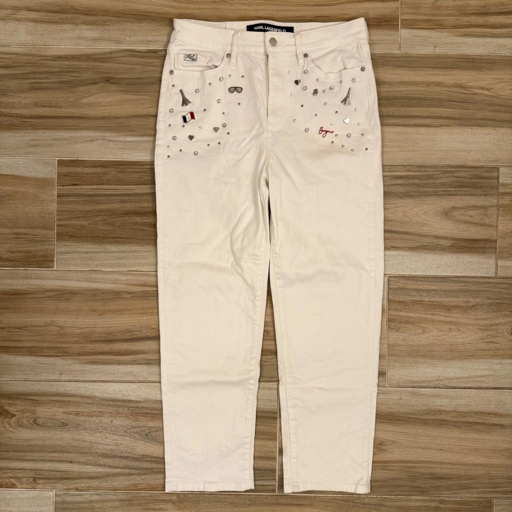 Karl Lagerfeld Paris White Embellished Bonjour Eiffel Tower Jeans 10 L4TKW295
